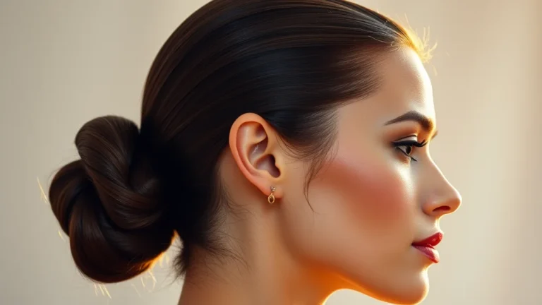 A woman with a high-shine, professional slick back hairstyle looking elegant and modern.