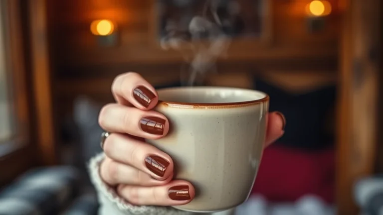 15 Simple Fall Nails That Are Defining Autumn Elegance 11 Close-up of elegant simple fall nails in a chocolate brown shade holding a cozy mug.