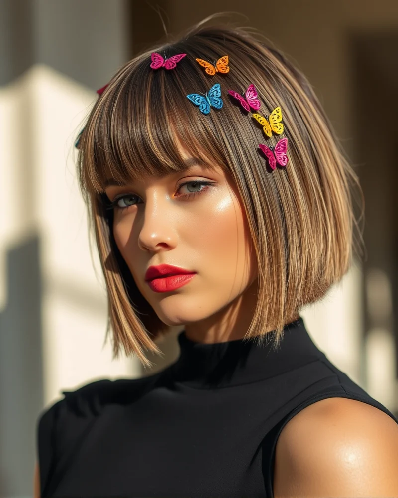 Close up of short hair styled with colorful Y2K butterfly clips