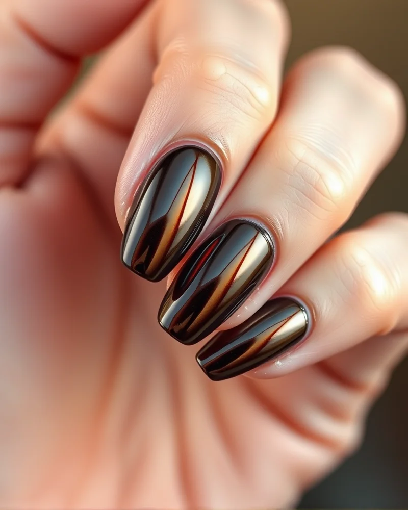 September 2026 Nails 2 Close-up of high-gloss Espresso Chrome nails with a deep brown metallic mirror finish during an autumn setting.