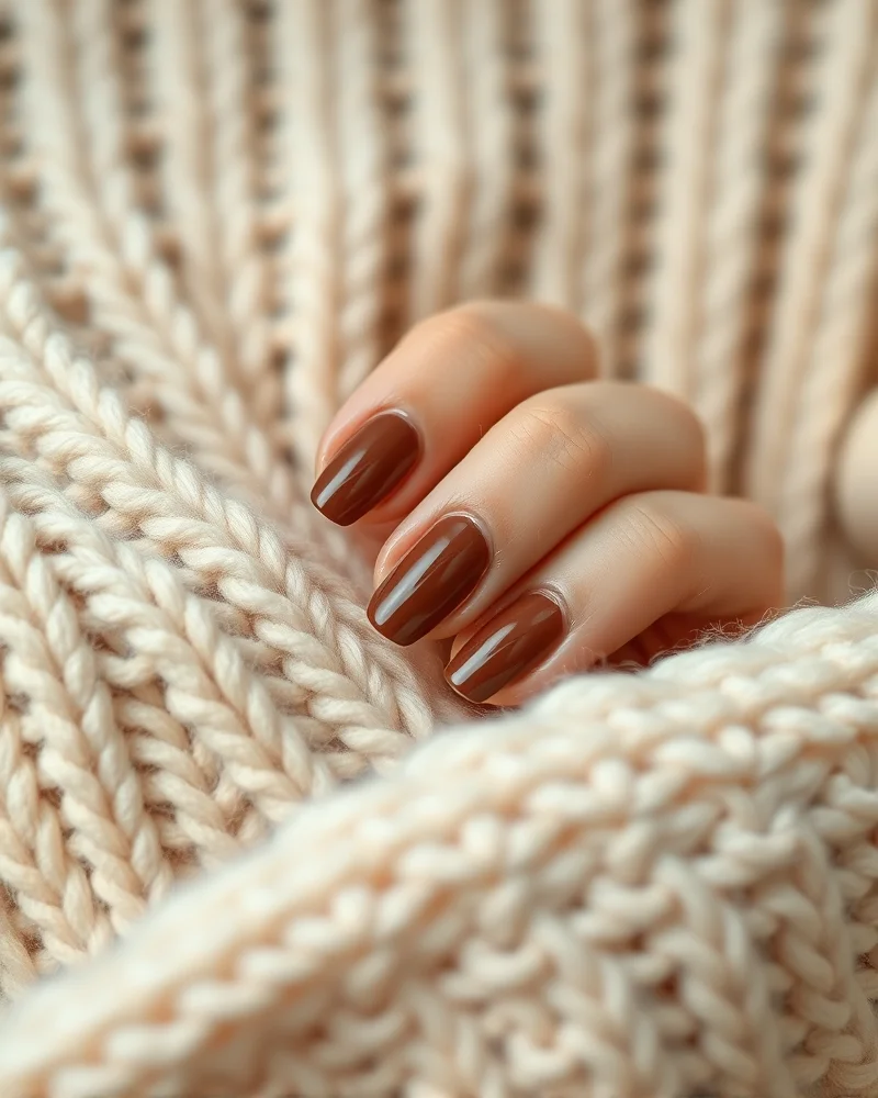 A minimalist autumn nail look featuring high-shine espresso brown polish on short, natural nails against a cozy knit sweater.