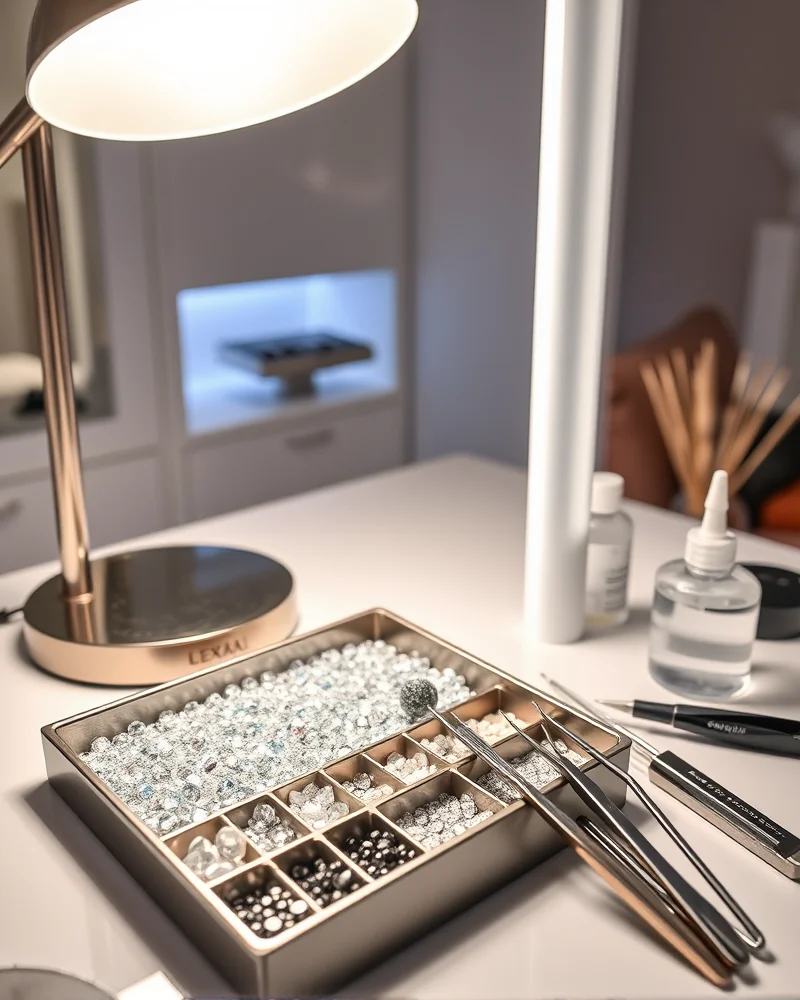 Professional nail art toolkit for bedazzling including tweezers, wax pencils, and high quality crystals.