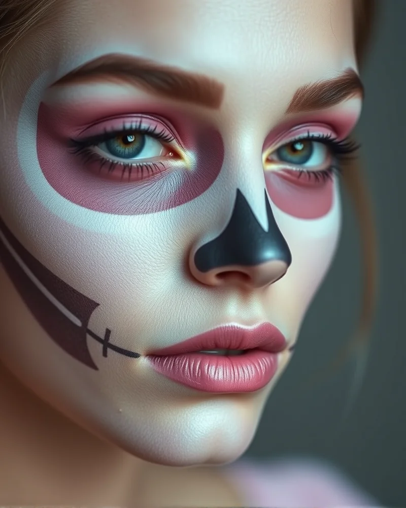 A person wearing trendy spooky cute skull makeup featuring soft pastel colors and minimalist design elements.