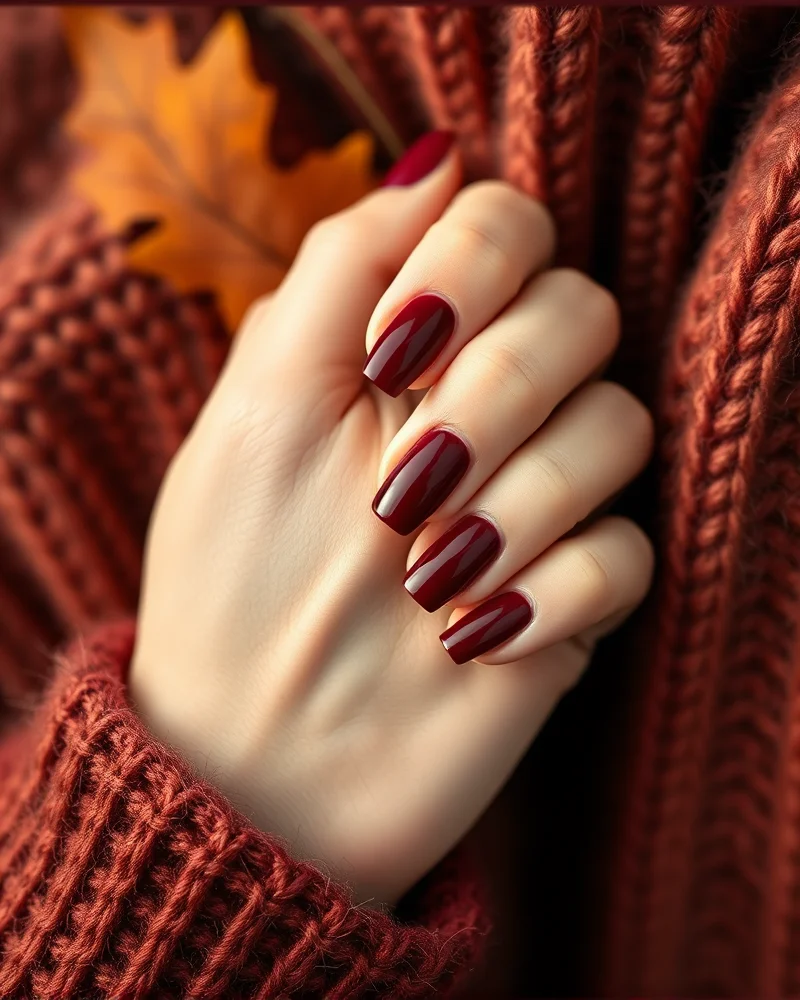 Fall Gel Nails 2 Professional fall gel nails in deep burgundy color showcasing superior durability and opaque finish.