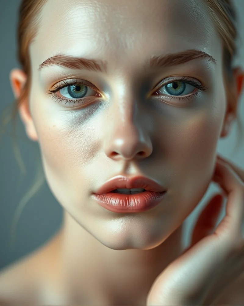 Close-up of a model showcasing ghostly porcelain skin with a neutral tone and luminous finish.