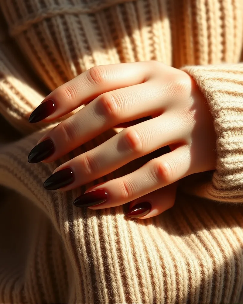 Classy Fall Nails 2 Close up of elegant almond shaped nails painted in a deep glossy espresso brown color styled with luxury cashmere fabric for a fall aesthetic.