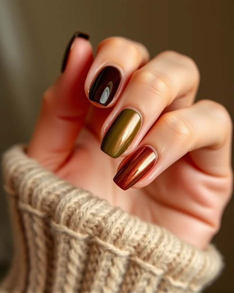 Cute Nails for Fall 2 Close up of trendy fall 2024 nail colors including espresso brown, olive green, and metallic copper.