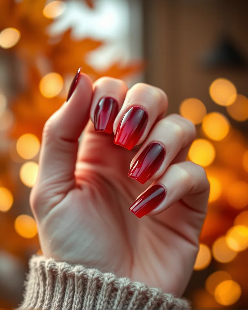 Fall Aura Nails 2 Close-up of fall aura nails with a glowing gradient in burgundy and amber shades.