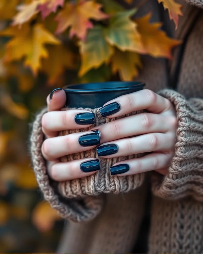 Close up of elegant midnight blue fall nails styled with a beige knit sleeve against an autumnal background.