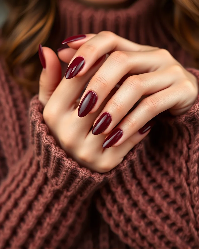 Close-up of elegant almond-shaped nails in a deep burgundy shade, highlighting the flattering tapered geometry for fall 2024.