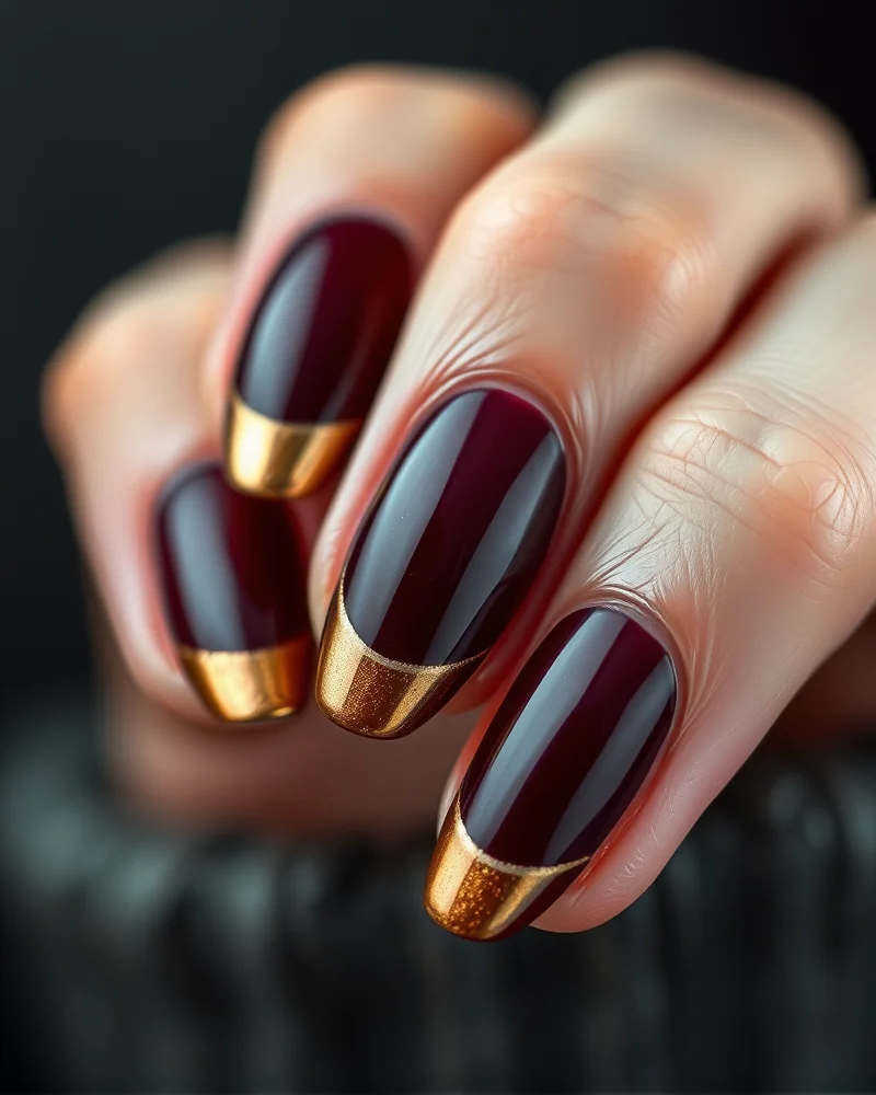 Professional close-up of a fall-themed French manicure with burgundy and gold tips.