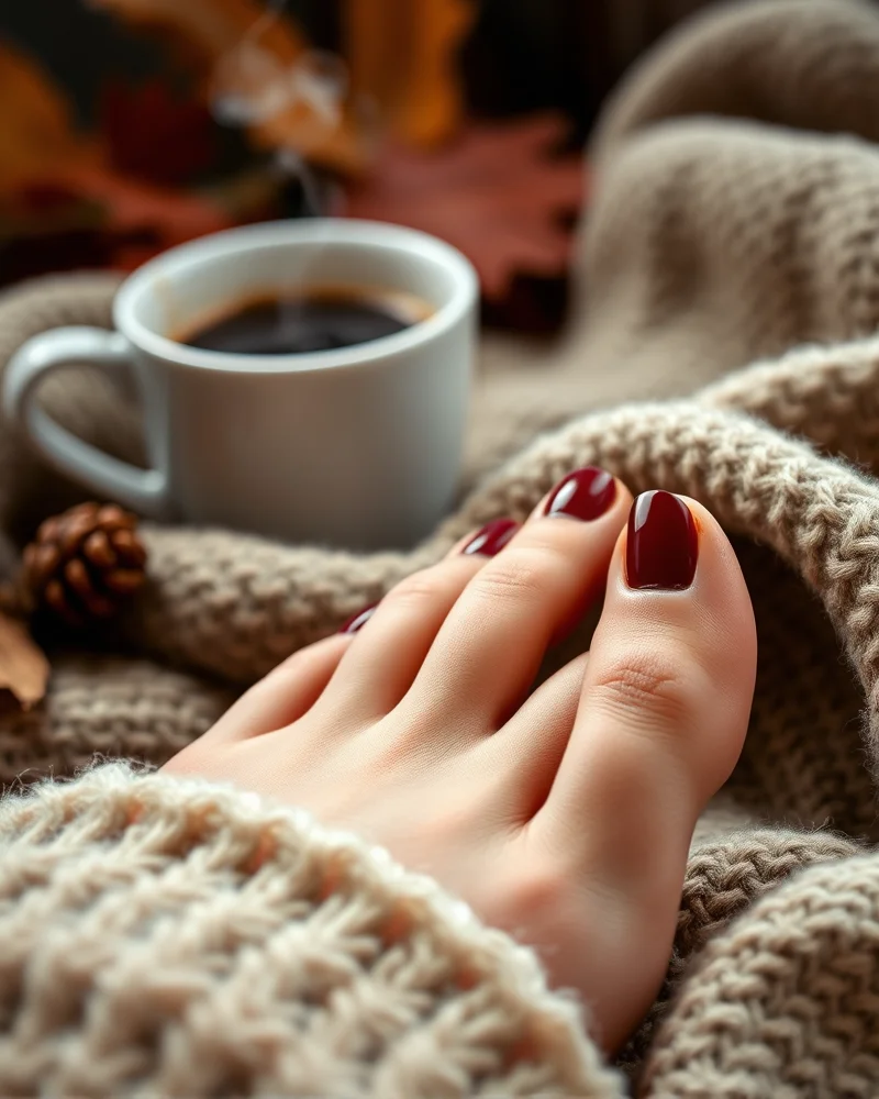 Fall Pedicures 2 Close-up of a luxurious deep oxblood red pedicure for fall nail inspiration.