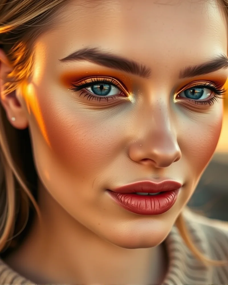 Model showcasing a Pumpkin Spice Latte makeup look with warm copper and terracotta tones.