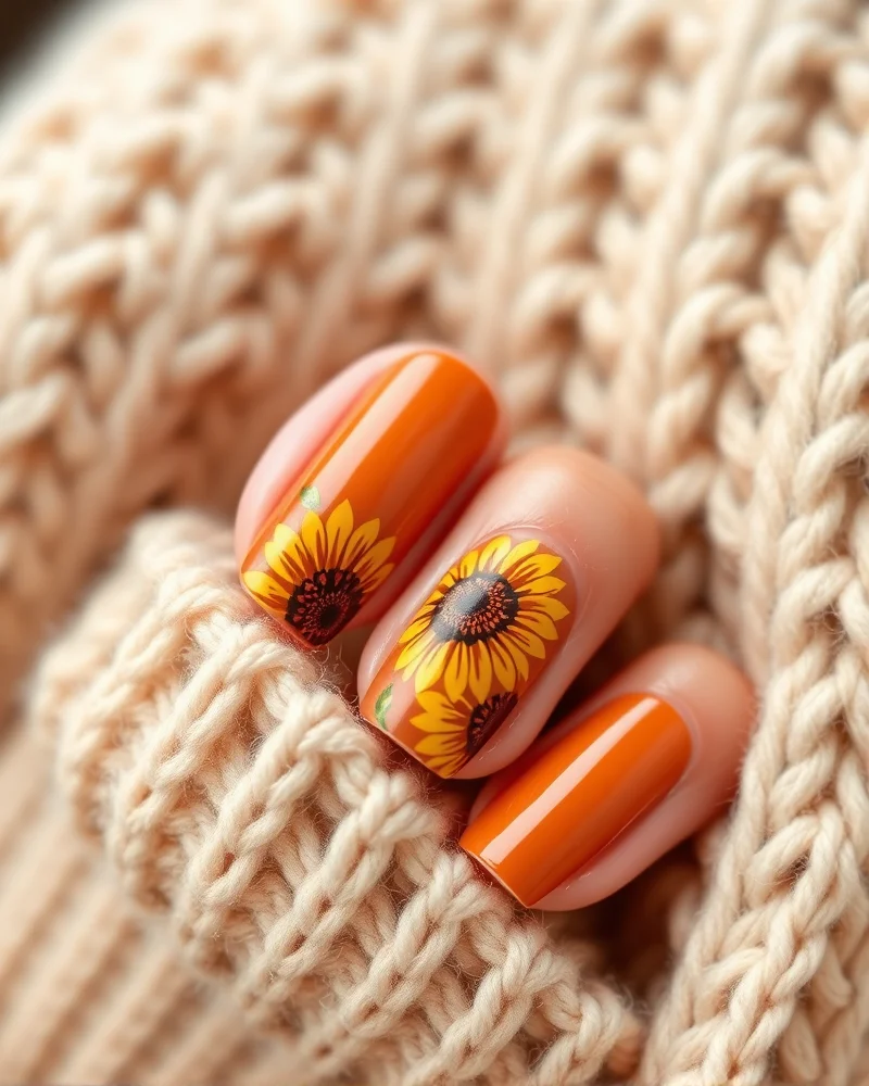 Fall Sunflower Nails 2 Close-up of elegant sunflower nail art in autumn-inspired warm tones like mustard and burnt orange for fall 2024.