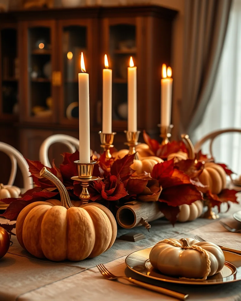 Modern rustic fall centerpiece on a wooden dining table featuring brass candle holders, velvet pumpkins, and autumnal foliage, showcasing the tablescaping trend with warm candlelit ambiance.