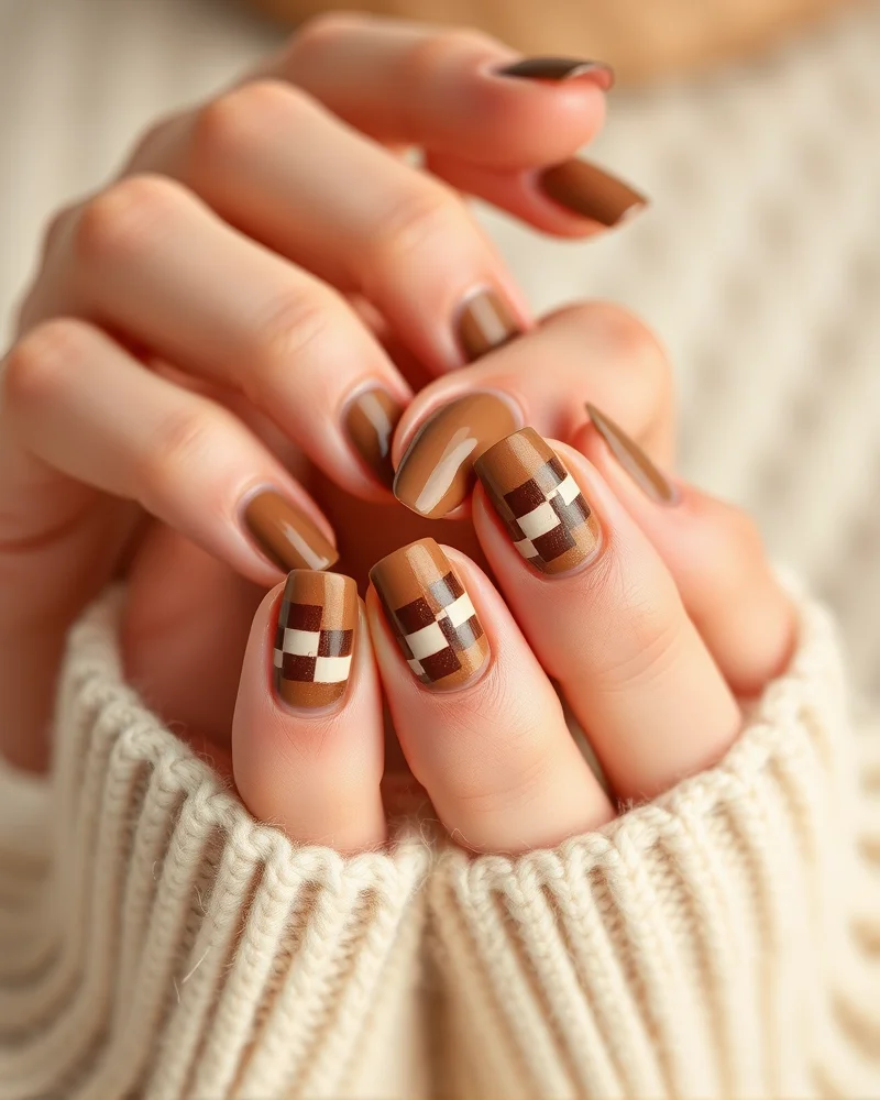 Fall Checkered Nails 2 Close up of elegant fall 2024 checkered nail art with brown and cream squares.
