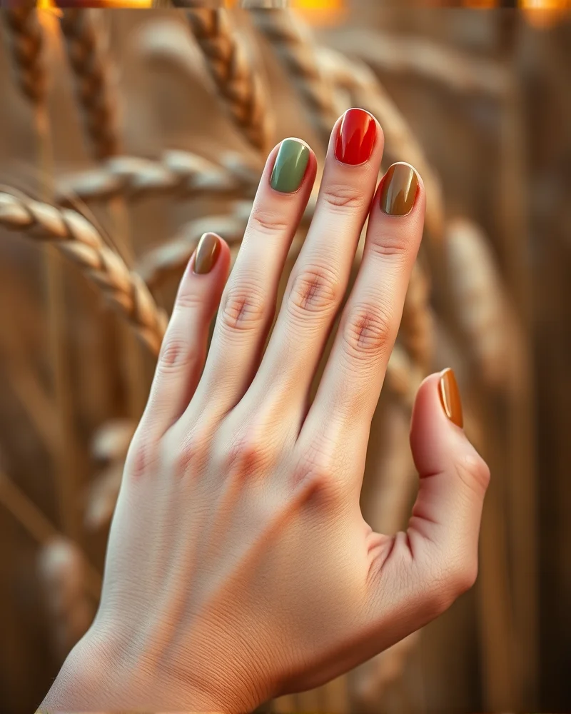 Early September Nails 2 A close-up view of a woman showing early September transition nail colors including sage green, terracotta, and toasted almond, representing autumn manicure trends.