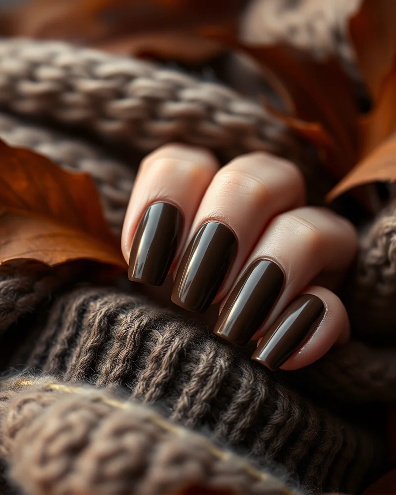 Close up of elegant brown manicure in deep espresso and milk chocolate tones, representing the fall 2024 Quiet Luxury nail trend.