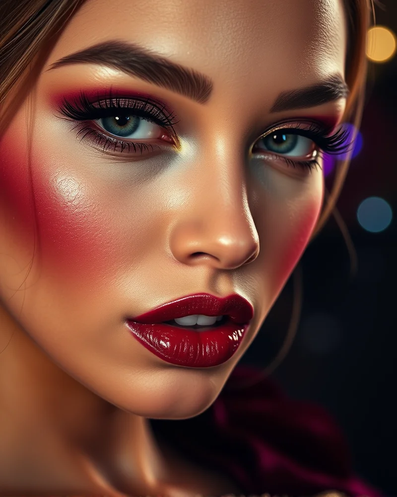 Hoco Makeup Inspo 2 A close-up shot of 2024 homecoming makeup trends featuring Mob Wife inspired dark lips and Y2K glitter eye makeup for a premium fall aesthetic.