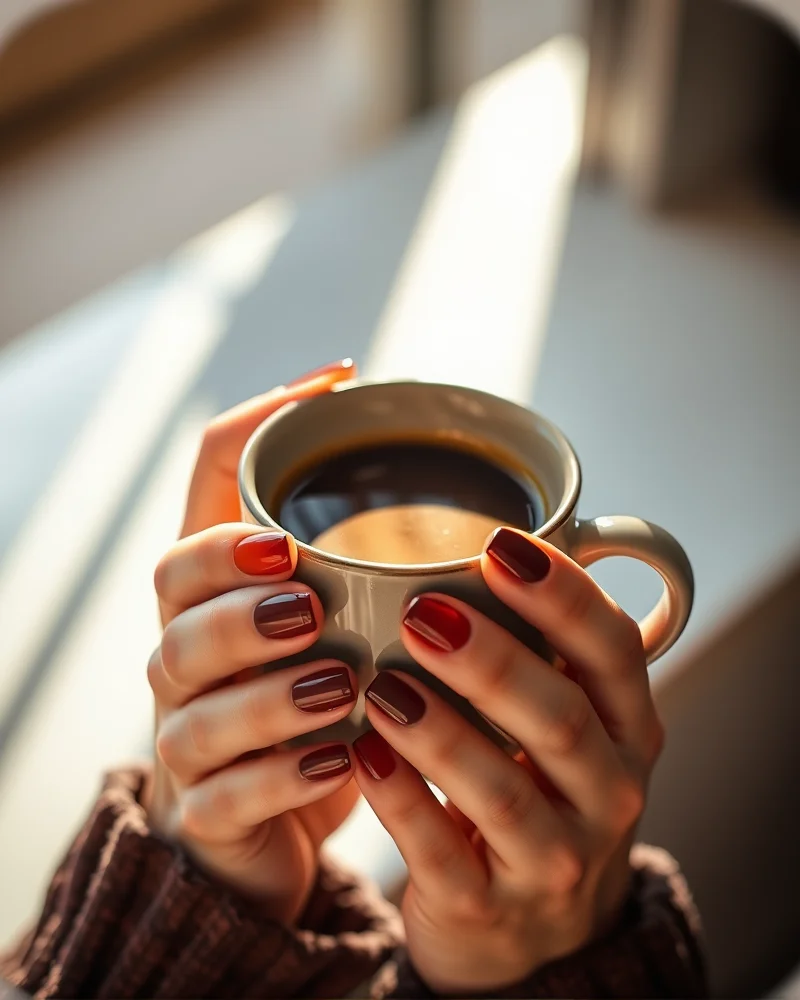 Close up of elegant fingernails painted in trending espresso brown and burnt orange polish for a fall seasonal aesthetic.