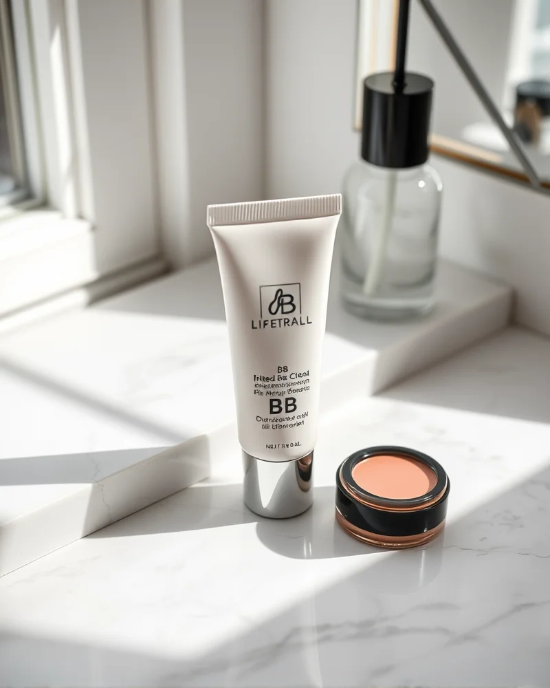 A flat-lay of essential teenage back to school makeup products including BB cream, brow gel, and multi-use lip and cheek tint on a marble vanity during morning light.