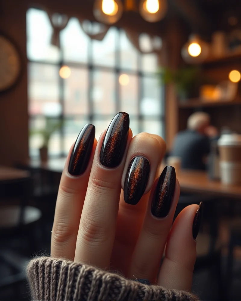 Fall Nails Inspo 2026 2 Close up of Velvet-Espresso magnetic cat-eye nails in deep brown and mocha tones for Fall 2026.