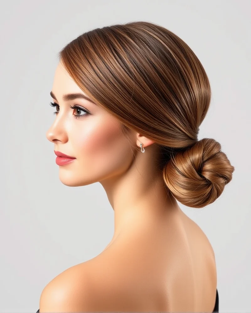 A close-up shot of a woman with a sleek, minimalist low bun hairstyle, showcasing the clean girl aesthetic and high-gloss hair texture, perfect for a simple Hoco hairstyle.