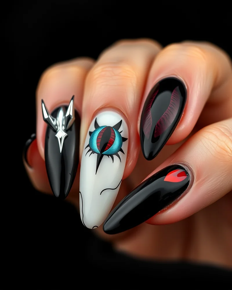 Trendy Halloween Nails 2 Close-up of trendy 2024 Halloween nail art featuring 3D chrome designs, velvet cat eye magnetic polish, and minimalist gore details on professional salon-quality manicures.