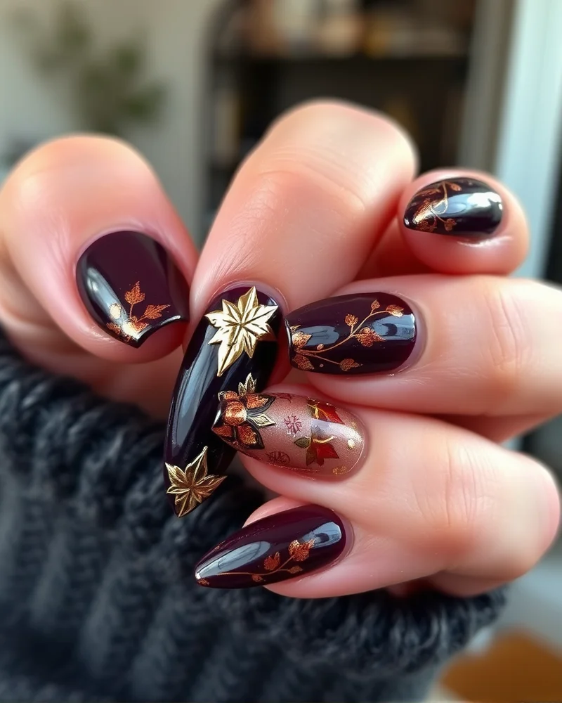 Close up of maximalist, expressive fall nail art featuring bold colors and textures.
