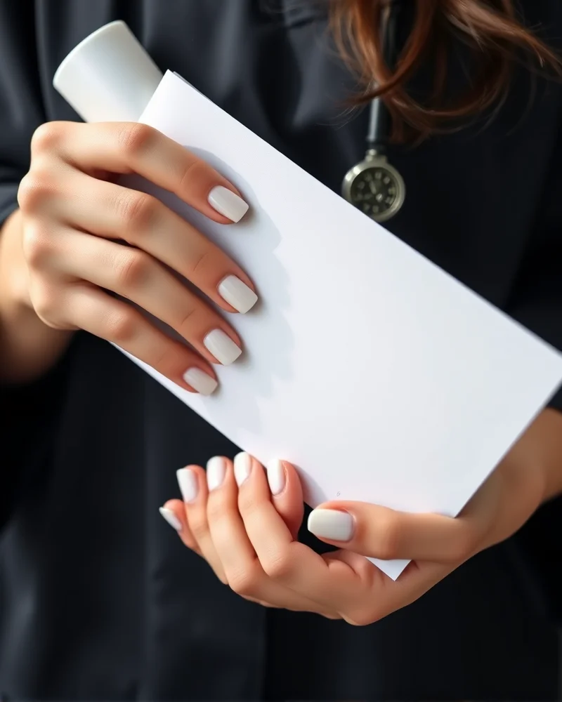A professional nursing graduate wearing a clean milky white manicure while holding a graduation diploma.