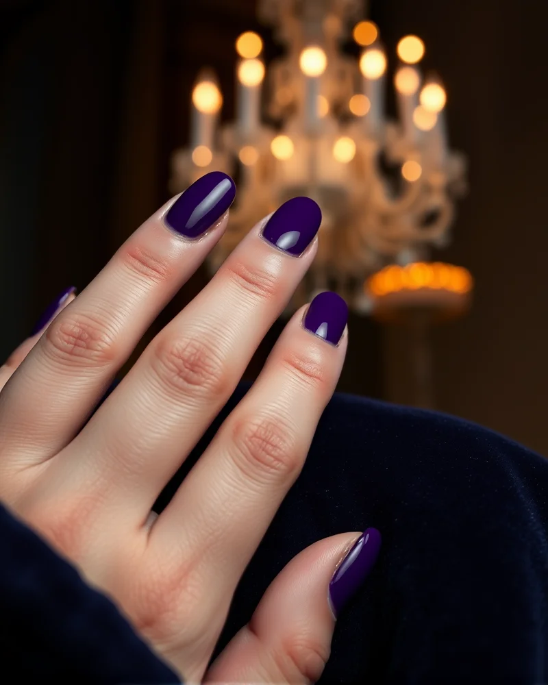 royal purple nails for winter gala 2 Glossy royal purple almond shaped nails resting on dark velvet fabric under elegant soft gala lighting