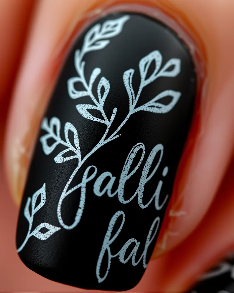 Close-up of matte black chalkboard nails featuring intricate white chalk-style autumn nail art.
