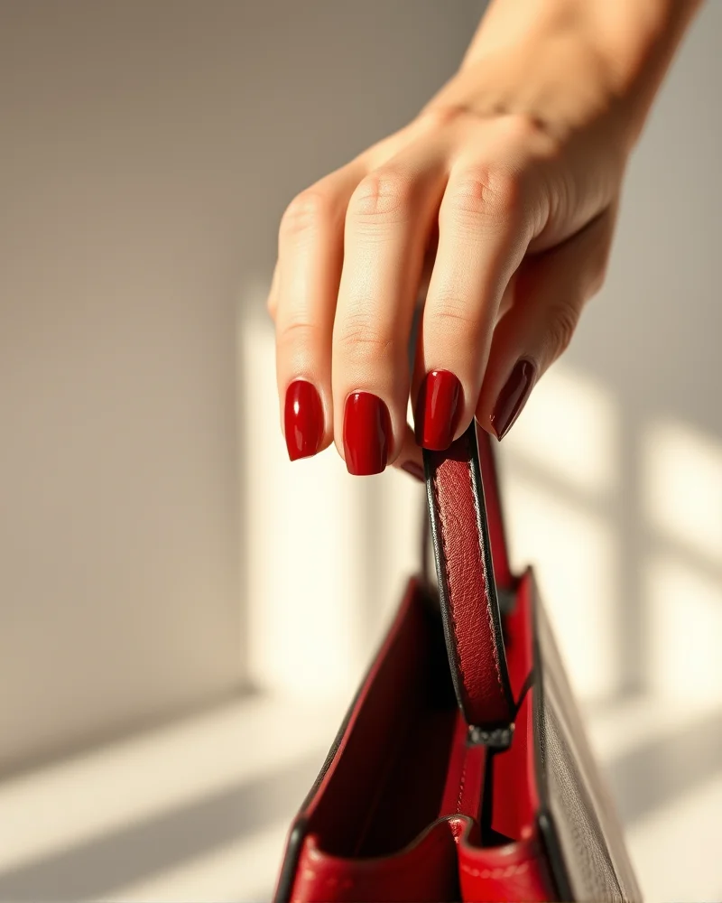 September Nails Square 2 Close up of square shaped nails with a glossy dark red finish, highlighting the architectural edges and the quiet luxury aesthetic suitable for September.