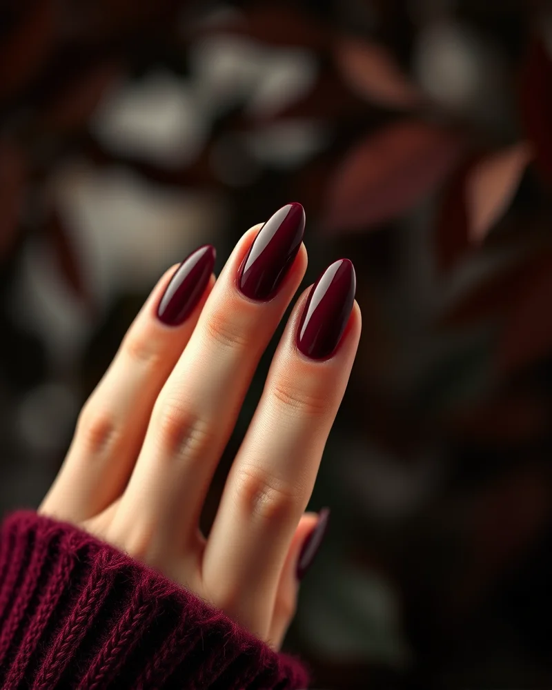 Close-up of almond-shaped nails polished in deep mahogany and oxblood lacquer, highlighting the rich color depth and high-gloss finish typical of 2026 fall nail trends.