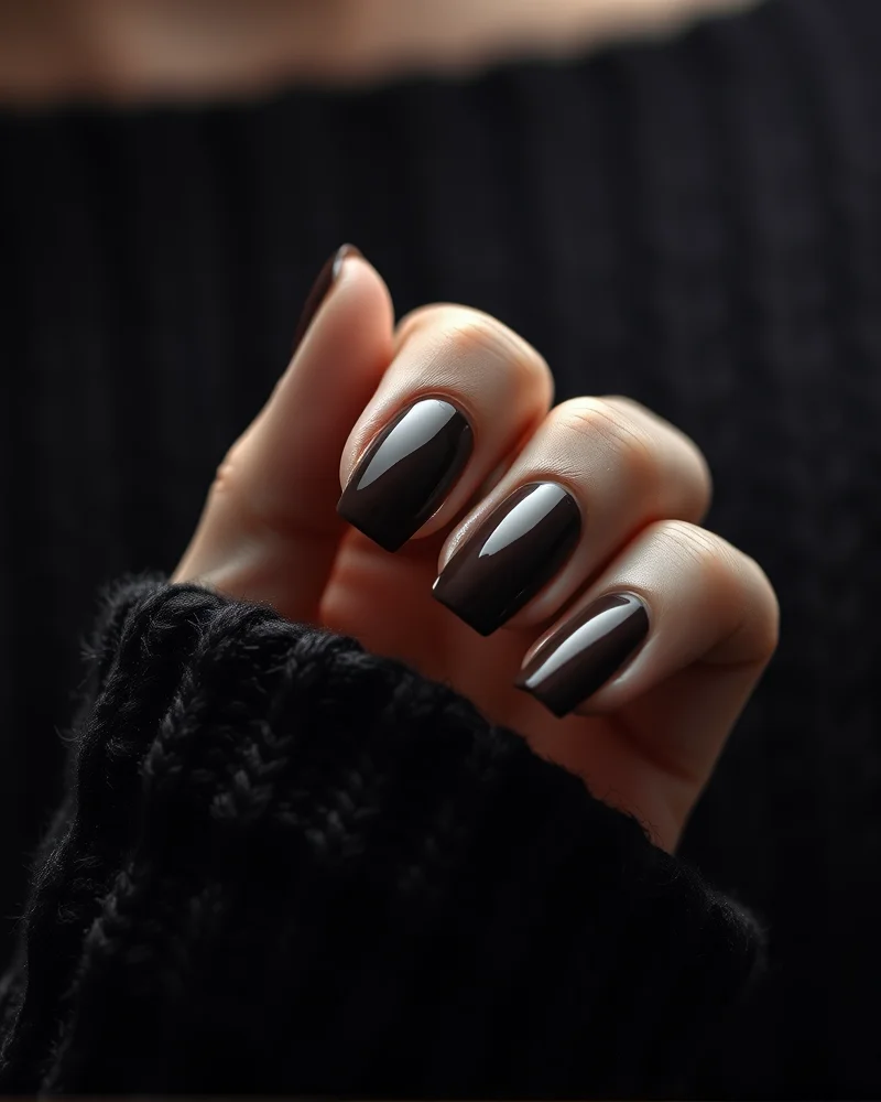 Close-up of high-gloss Midnight Espresso manicure on almond-shaped nails reflecting studio light.