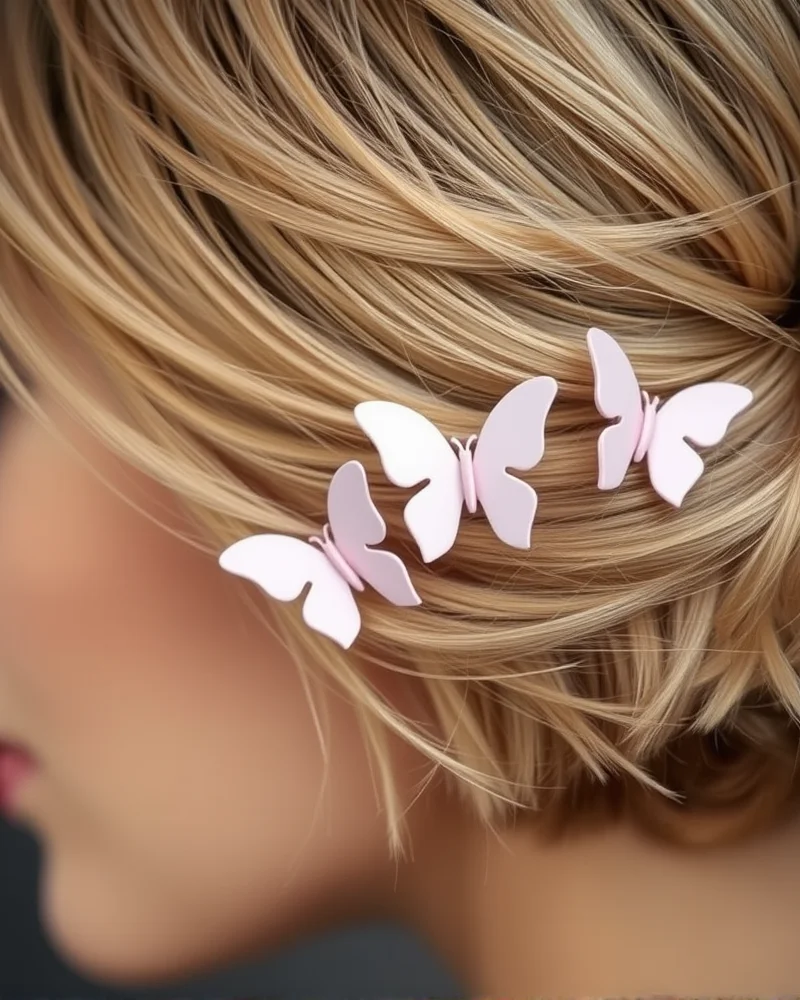 A close-up view of butterfly clips secured in fine short hair using texturizing spray and clever styling techniques for maximum grip.