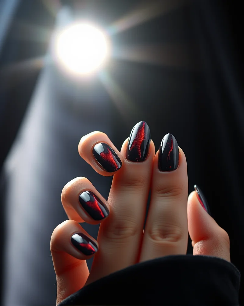 Fall Nail Colors 2026 3 Close up of Midnight Ember nail polish showing deep oxblood pigment with a holographic copper and violet shift under bright studio lighting.