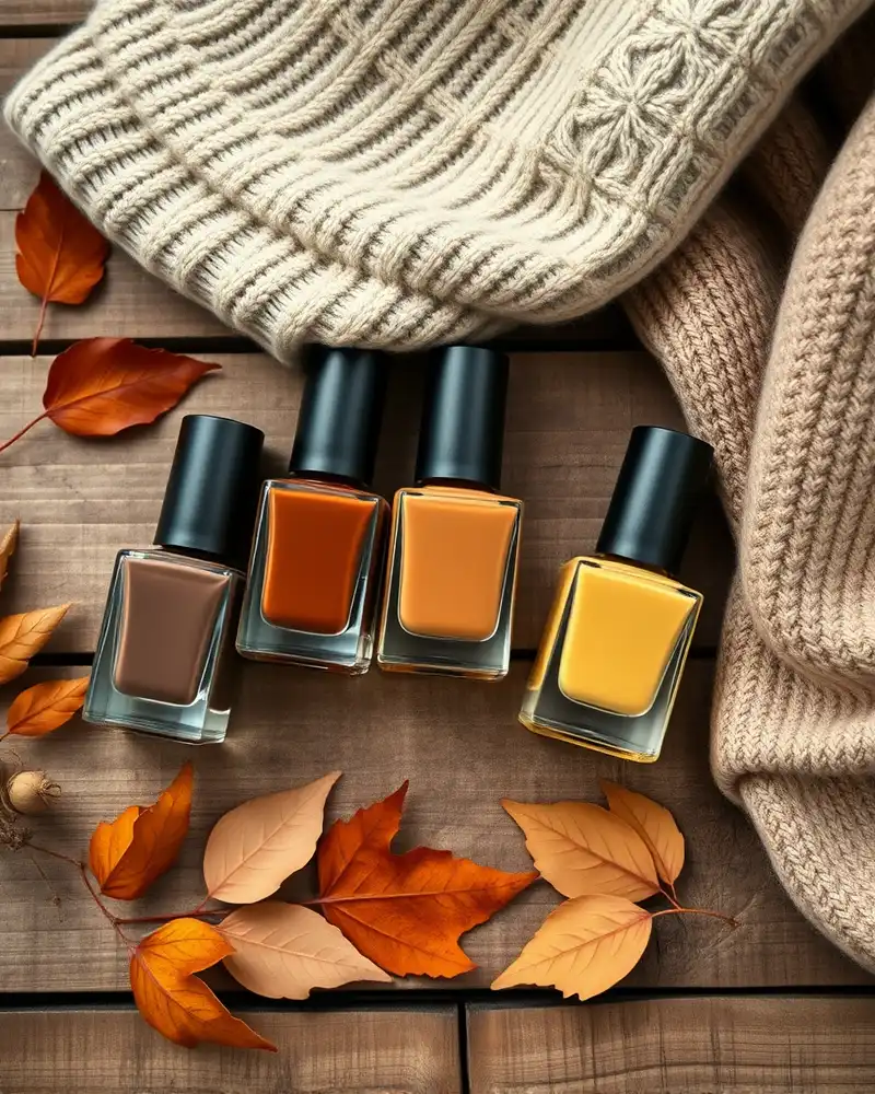 Fall Themed Nails Simple 3 A selection of seasonal nail polish bottles in autumn colors including espresso, terracotta, sage green, and mustard placed on a wooden surface with fall leaves.