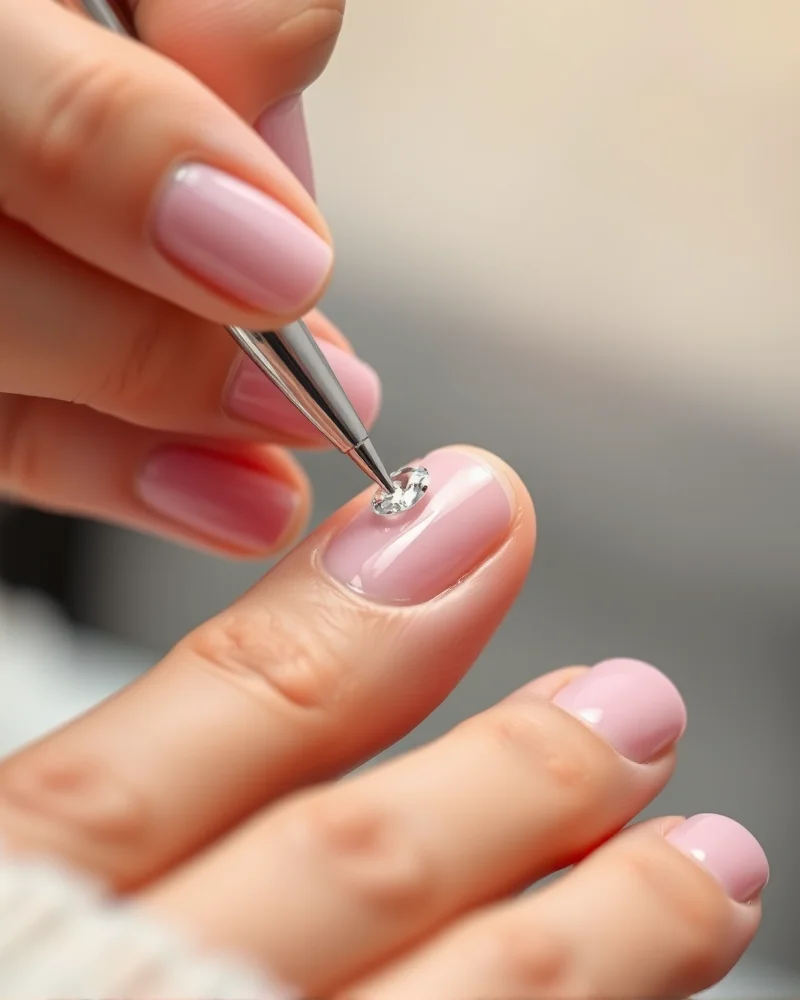 Close-up of professional nail technician using a crystal pickup tool to place a rhinestone on a manicured nail for long-lasting adhesion.