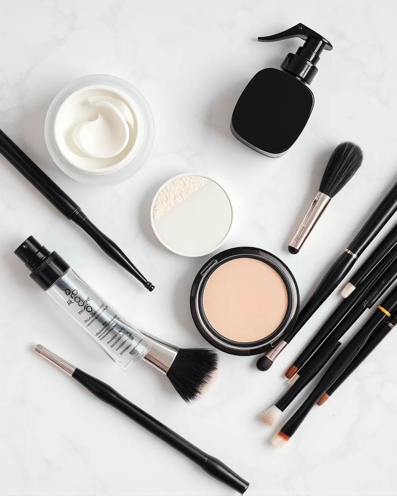 A professional makeup kit layout featuring high-quality white cream paint, precision eyeliner pens, setting powder, and brushes for creating skull makeup looks.