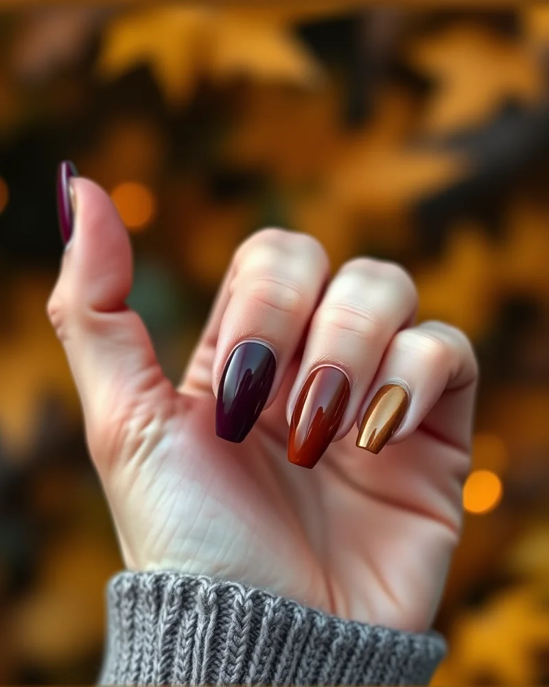 Fall Gel Nails 3 A close up view of professional gel nails in fall colors including deep plum, midnight emerald, burnt sienna, espresso brown, and metallic chrome on almond shaped nails.