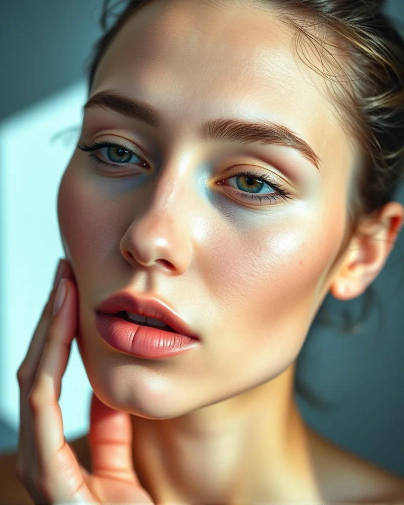 Close-up of a model with flawless, hydrated glass skin reflecting light, demonstrating the perfect base for porcelain makeup artistry.