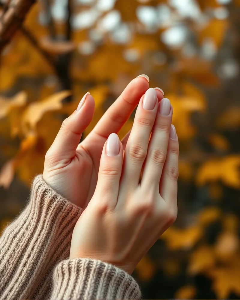 Close up of elegant almond shaped nails featuring a chic autumn color, perfect for fall fashion inspiration.