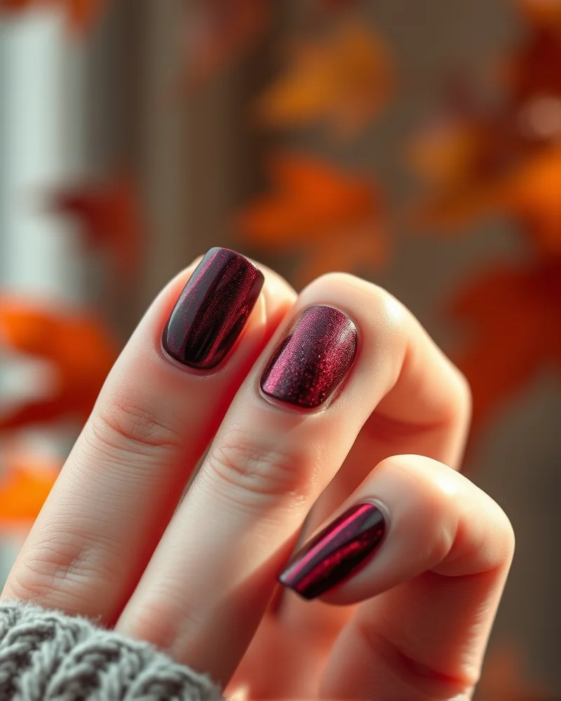 Cute Nails for Fall 3 Close up of burgundy velvet cat eye magnetic nails showing 3D depth and shimmer for fall nail inspiration.
