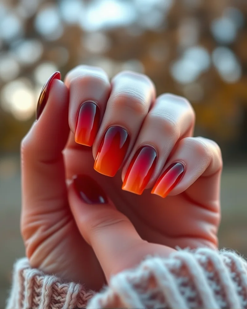 Fall Aura Nails 3 Close up of elegant fall aura nails featuring a gradient of espresso brown and burnt orange polish on almond shaped nails.