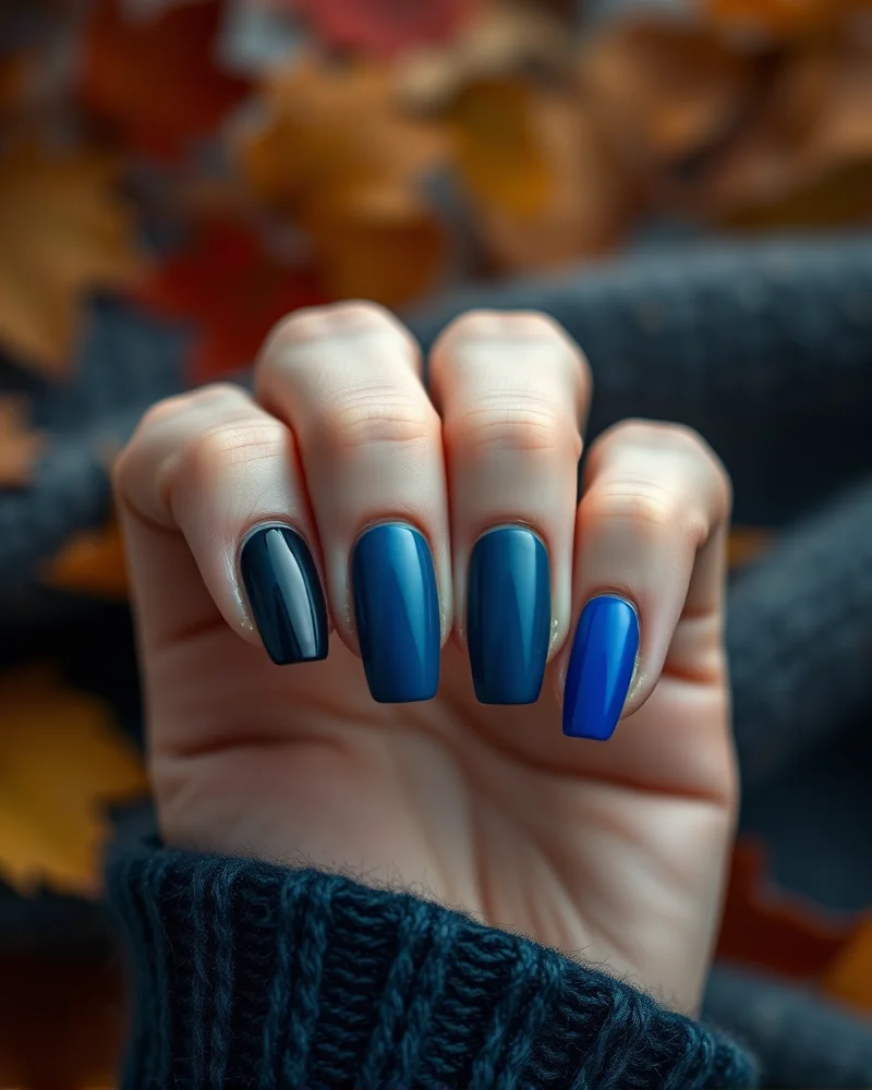 A selection of trending fall 2024 blue nail polish shades including midnight navy, slate blue, dusty steel, and electric cobalt on well-manicured hands.