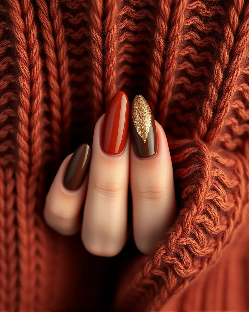 Close up of manicured almond shaped nails featuring fall colors like burnt orange, espresso brown, and metallic gold accents on a soft background.