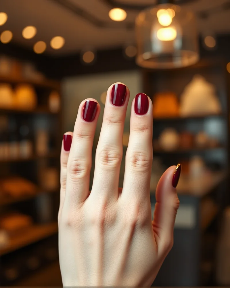 Close up of a luxury fall french tip manicure featuring deep burgundy velvet tips and gold chrome accents on long almond shaped nails.