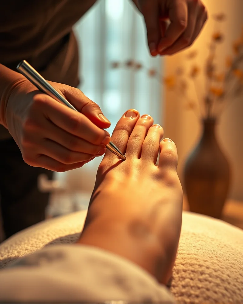 Fall Pedicures 3 Professional pedicure preparation process focusing on cuticle care and nail plate refinement for long-lasting autumn polish adhesion.