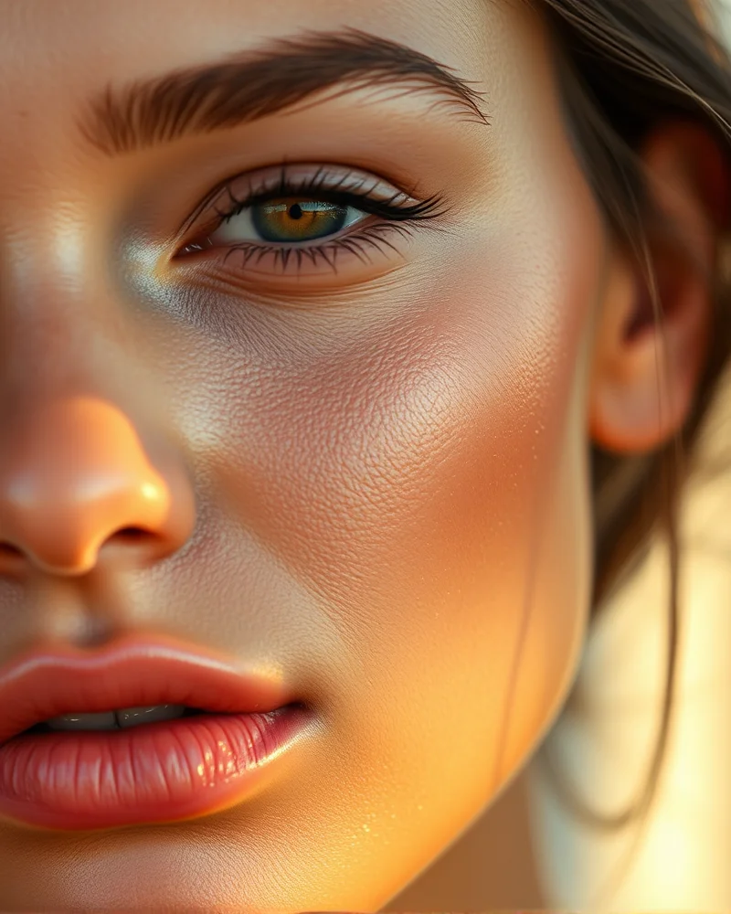 A close-up shot of a model showing a dewy, glazed skin base with a radiant, warm-toned complexion perfect for the Pumpkin Spice Latte makeup trend.